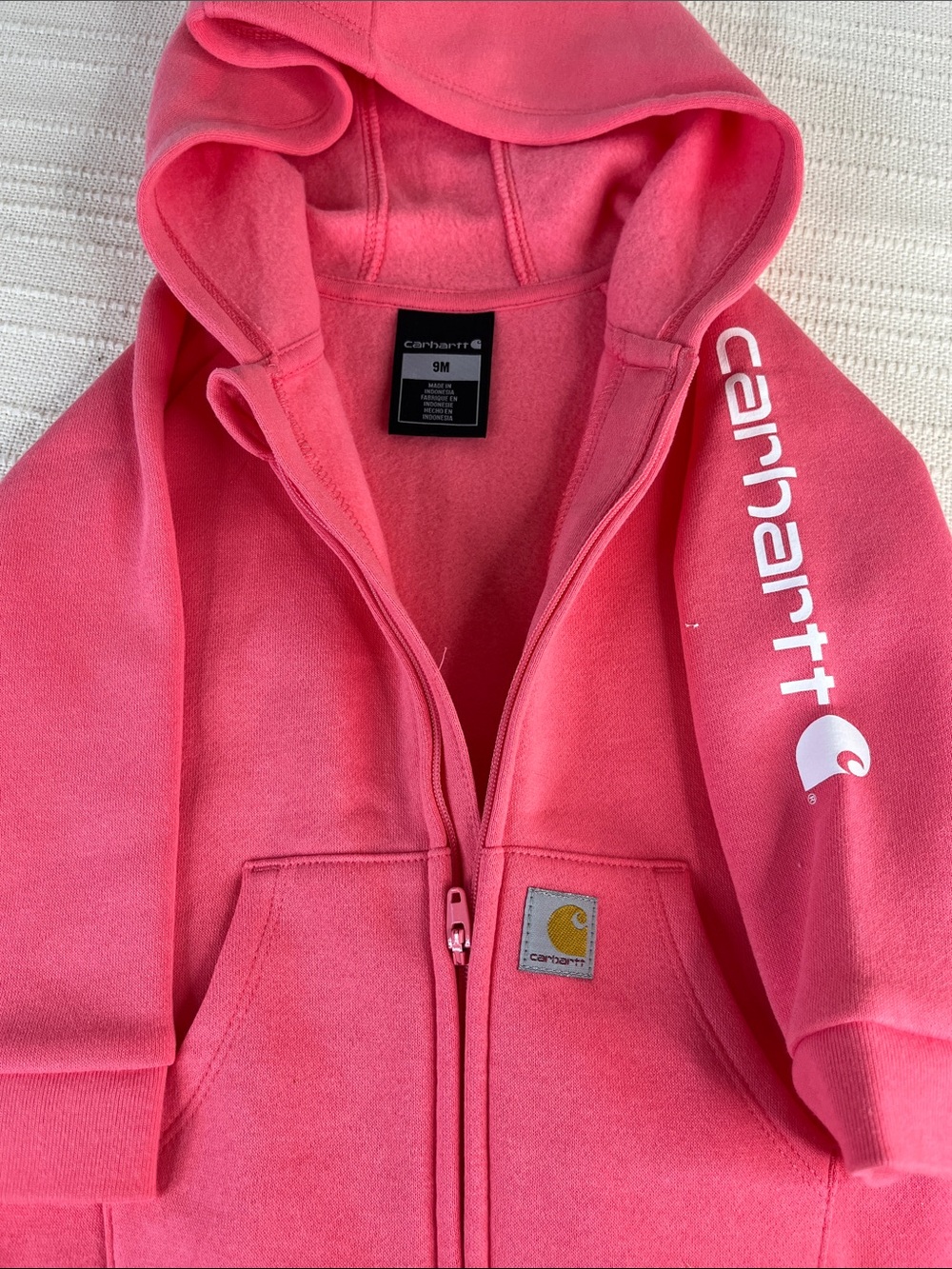Carhartt Baby Girl Pink Lemonade Fleece Hooded Coverall Onesie Jumpsuit size 9M